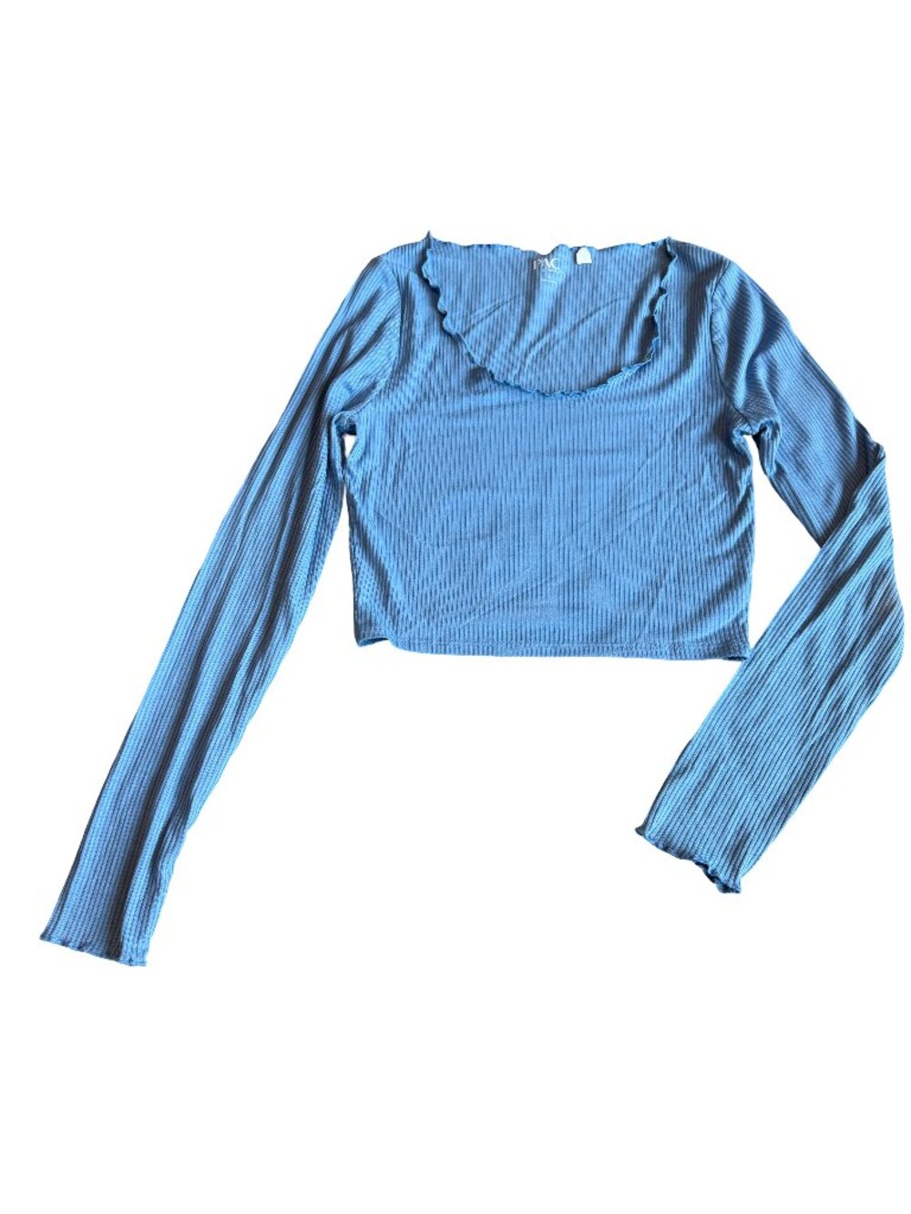 Pac Cares Blue Ribbed Long Sleeve Crop Top Shirt Scoop Neck Fitted Small Women's